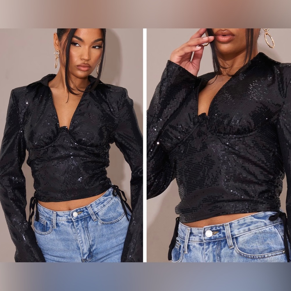 PrettyLittleThing black sequin underbust long sleeve cropped top size large 12